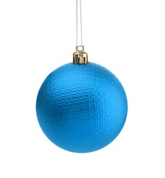 Image of Blue Christmas ball hanging on white background