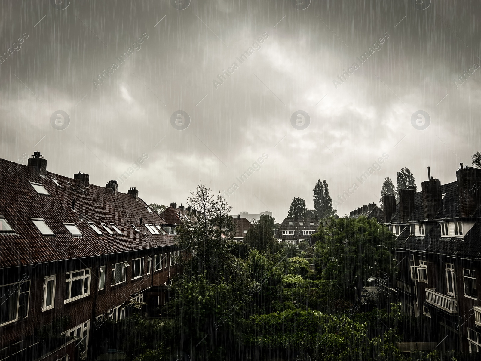 Photo of Picturesque view of city street with beautiful buildings on rainy day