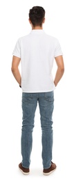 Photo of Young man in t-shirt on white background. Mock up for design