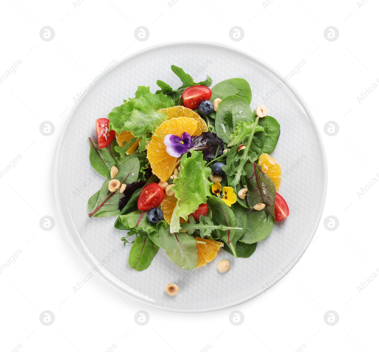 Photo of Delicious salad with tomatoes and orange slices on white background, top view