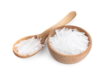 Photo of Menthol crystals in spoon and bowl on white background