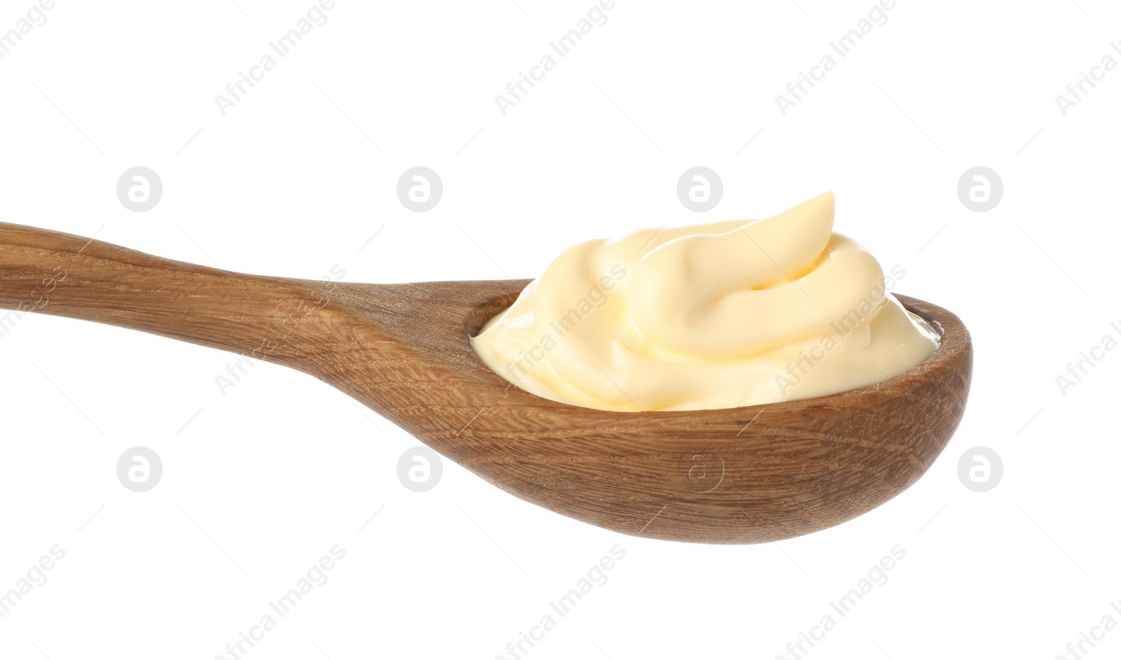 Photo of Wooden spoon with tasty mayonnaise isolated on white