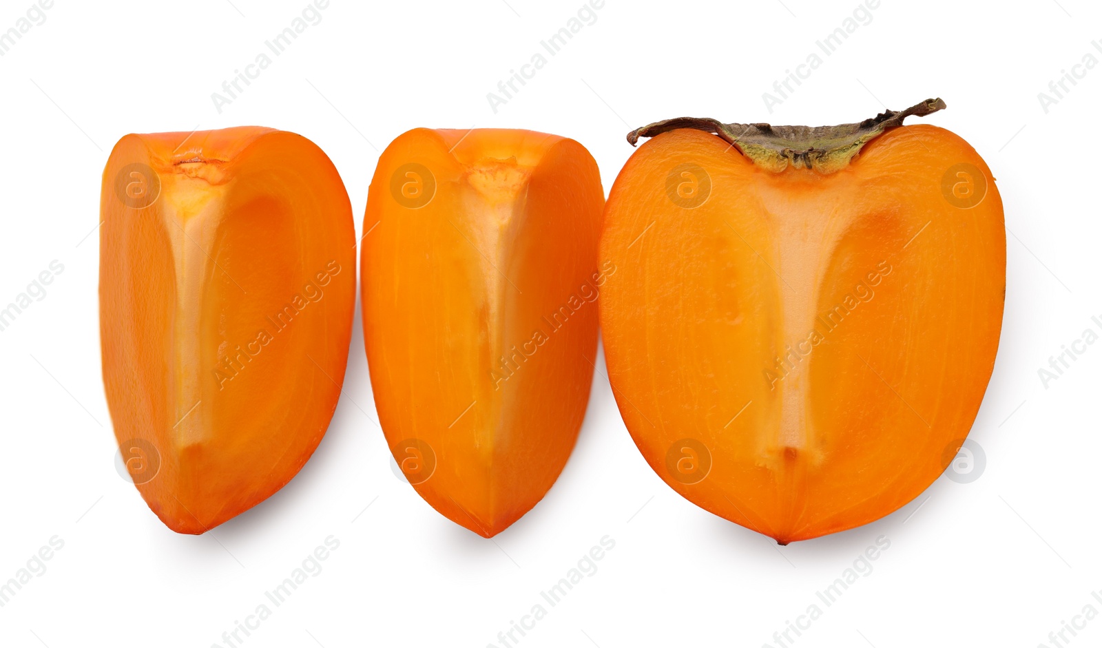 Photo of Cut delicious ripe juicy persimmon on white background, top view