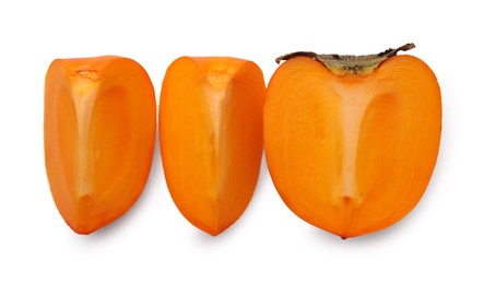 Photo of Cut delicious ripe juicy persimmon on white background, top view