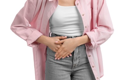 Photo of Woman suffering from appendicitis inflammation on white background, closeup