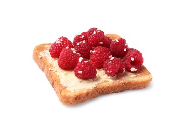 Photo of Delicious toast with butter, raspberries and sesame seeds isolated on white