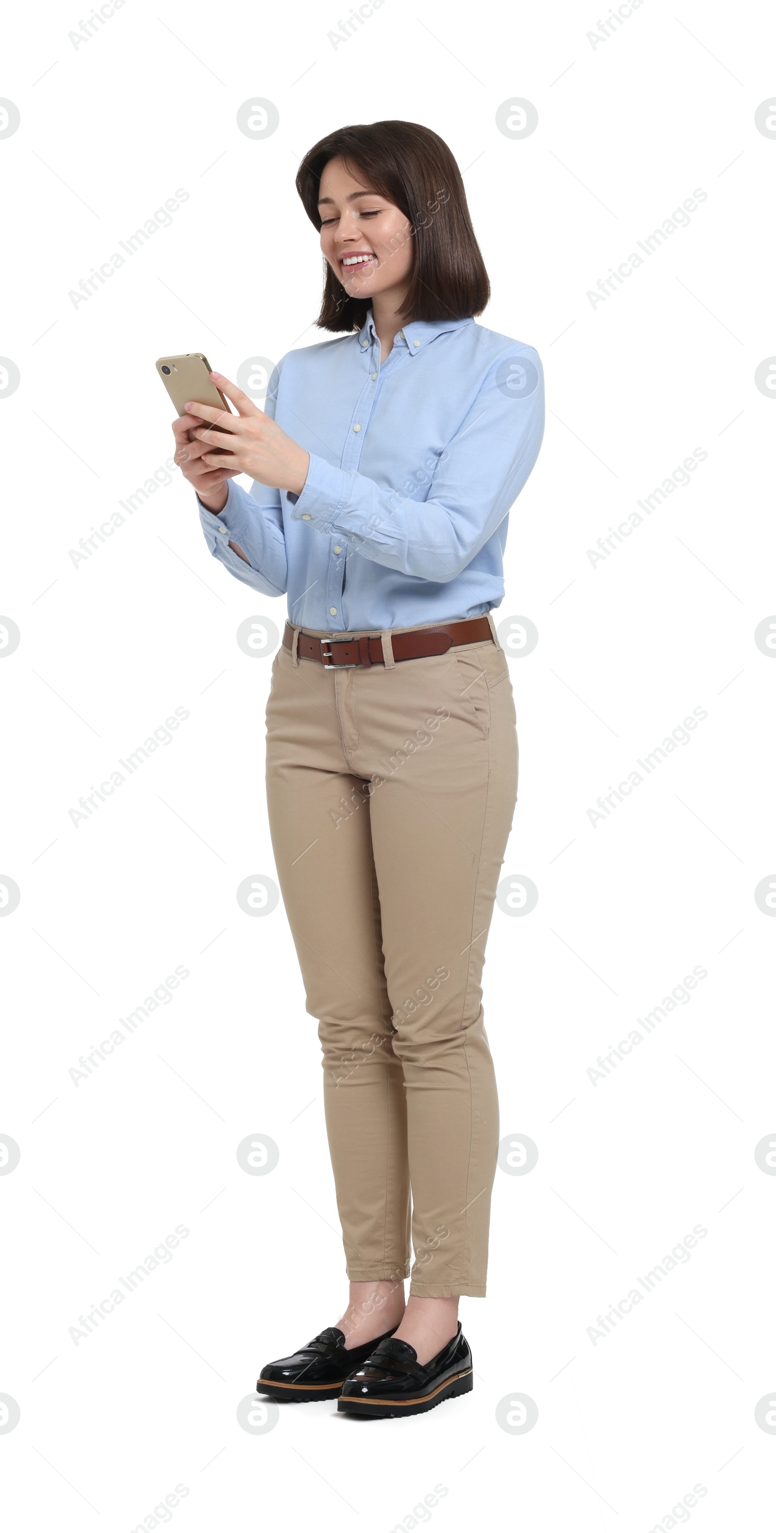 Photo of Happy businesswoman woman using smartphone on white background