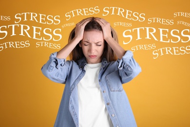 Stressed young woman and text on yellow background