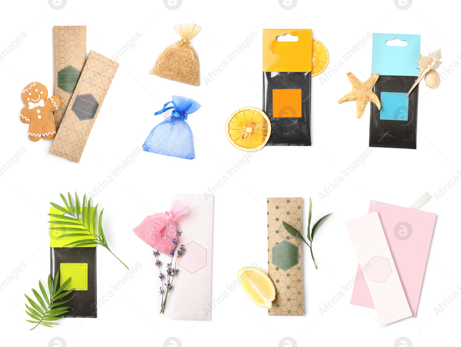 Image of Set of scented sachets with different aromas on white background, top view 