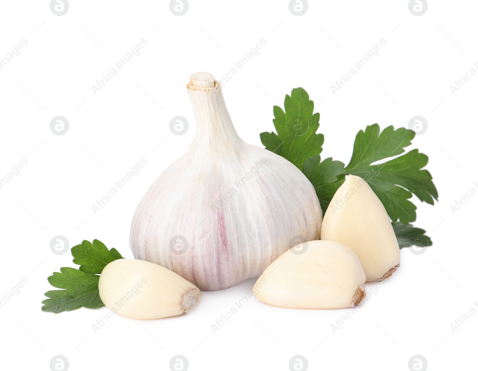 Photo of Fresh garlic bulb and cloves with parsley isolated on white. Organic food