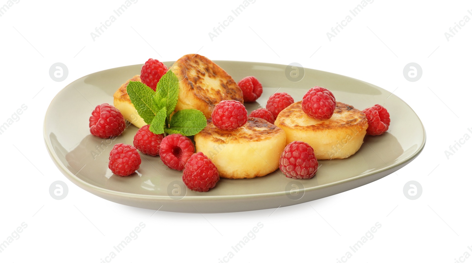 Photo of Plate of delicious cottage cheese pancakes, fresh raspberries and mint on white background