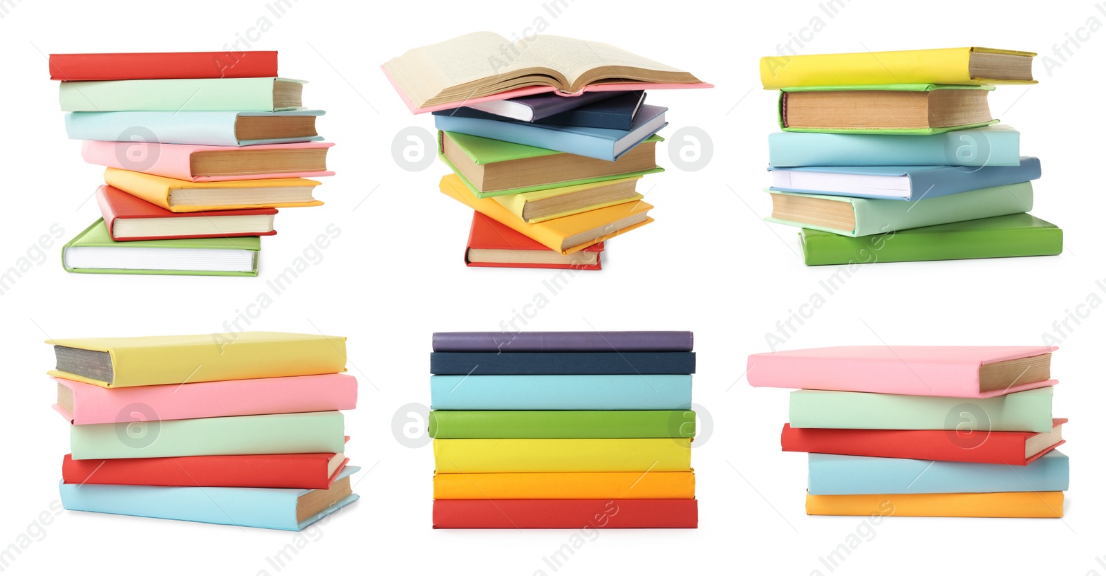 Image of Collection of different hardcover books on white background