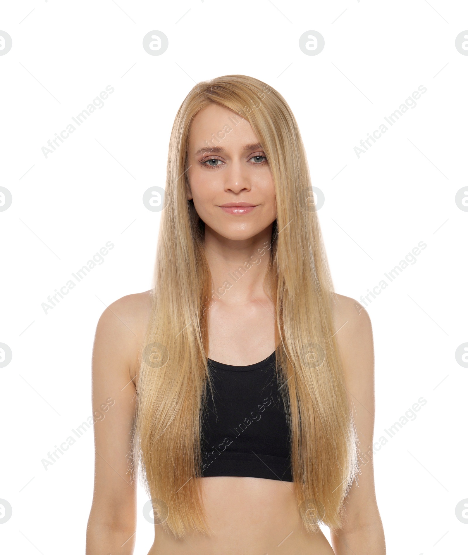 Photo of Beautiful young woman with long straight hair on white background