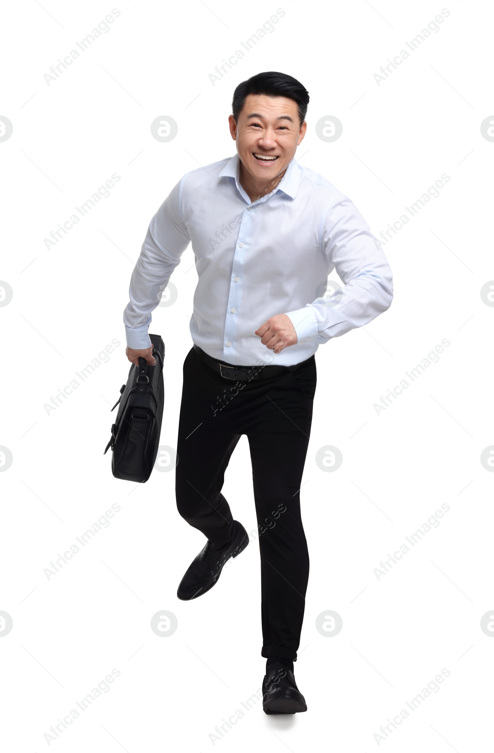 Photo of Businessman with briefcase running on white background