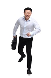 Businessman with briefcase running on white background