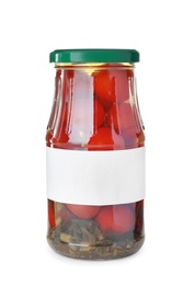 Photo of Jar of pickled cherry tomatoes with blank label on white background