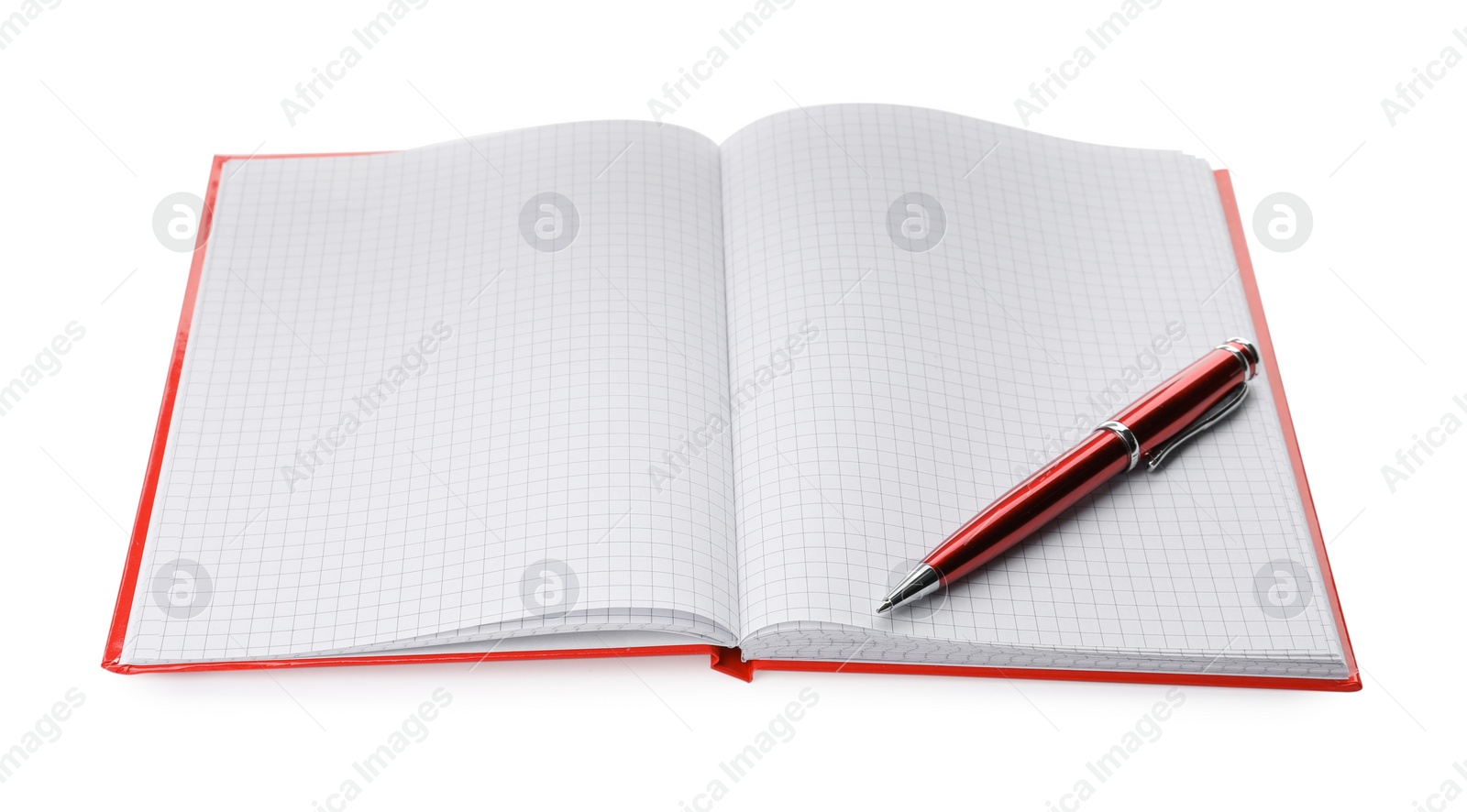 Photo of Stylish open notebook with blank sheets and pen isolated on white