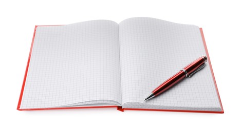 Photo of Stylish open notebook with blank sheets and pen isolated on white