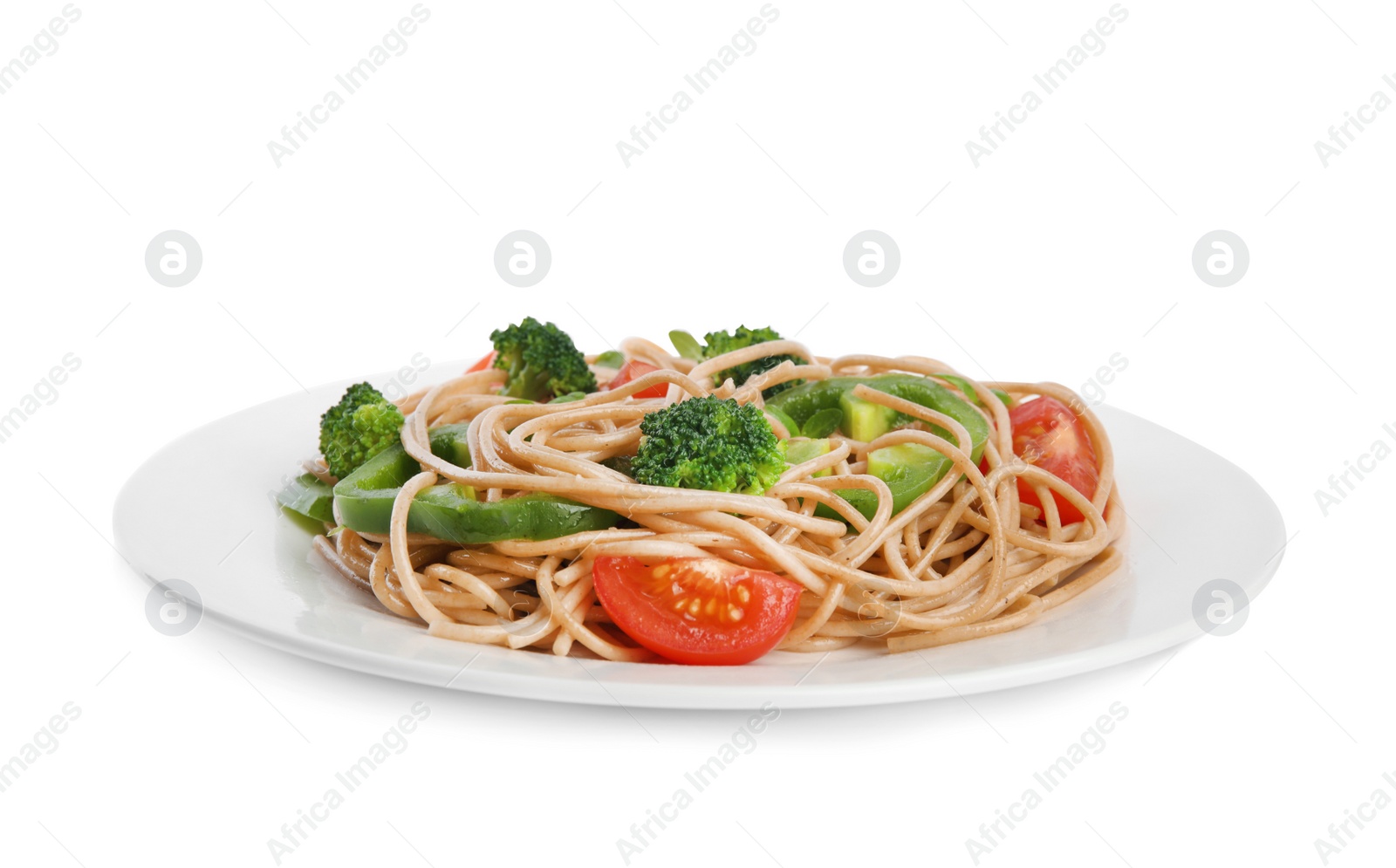 Photo of Tasty buckwheat noodles with fresh vegetables on white background