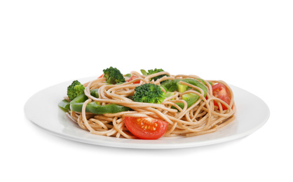 Tasty buckwheat noodles with fresh vegetables on white background