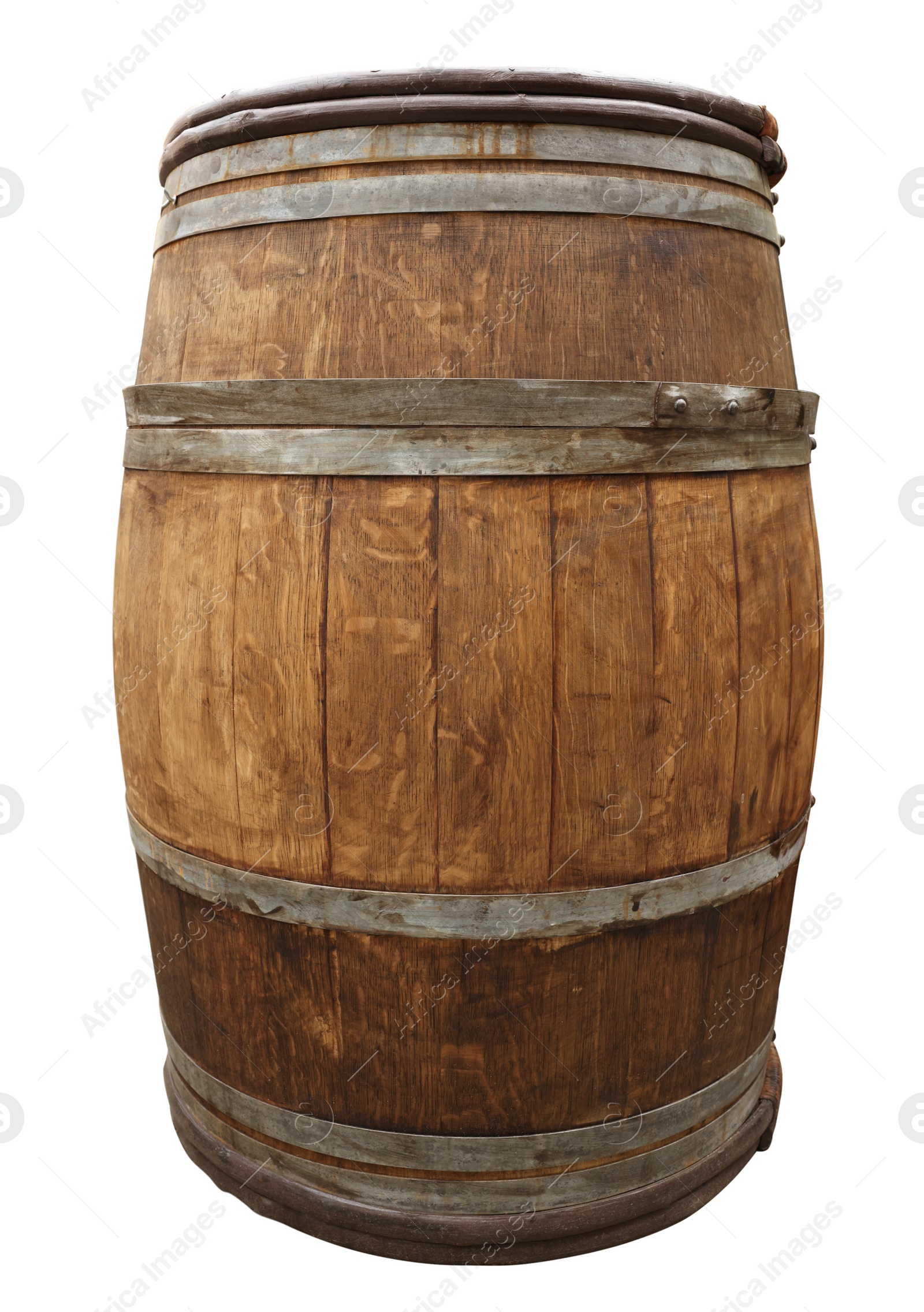 Image of One wooden barrel with metal hoops isolated on white