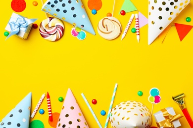 Photo of Flat lay composition with birthday party items on color background