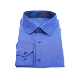 Photo of Stylish blue shirt isolated on white. Dry-cleaning service