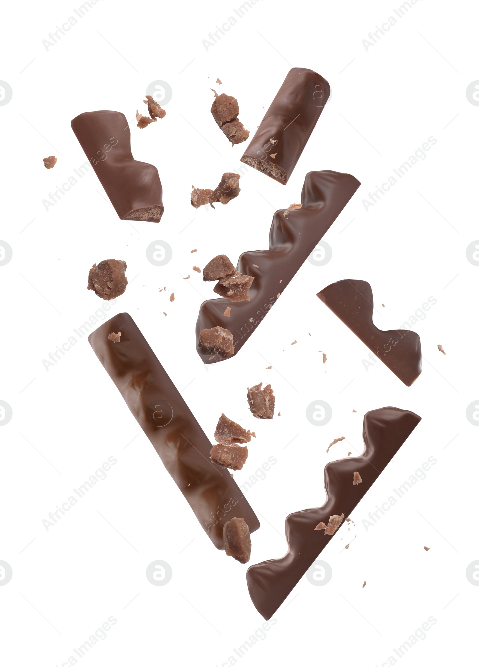 Image of Tasty chocolate bars falling on white background