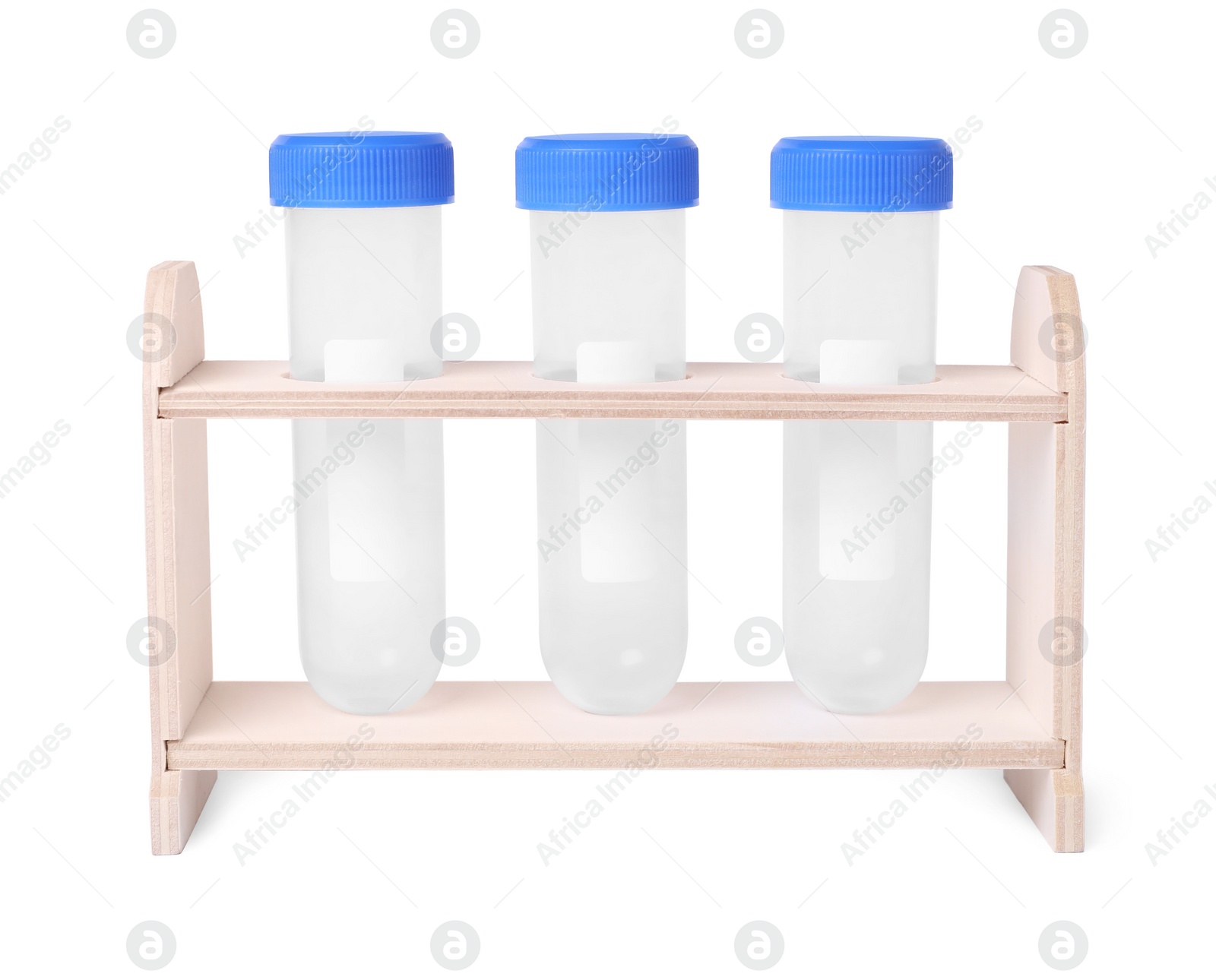 Photo of Wooden stand with empty test tubes isolated on white. Kids chemical experiment set