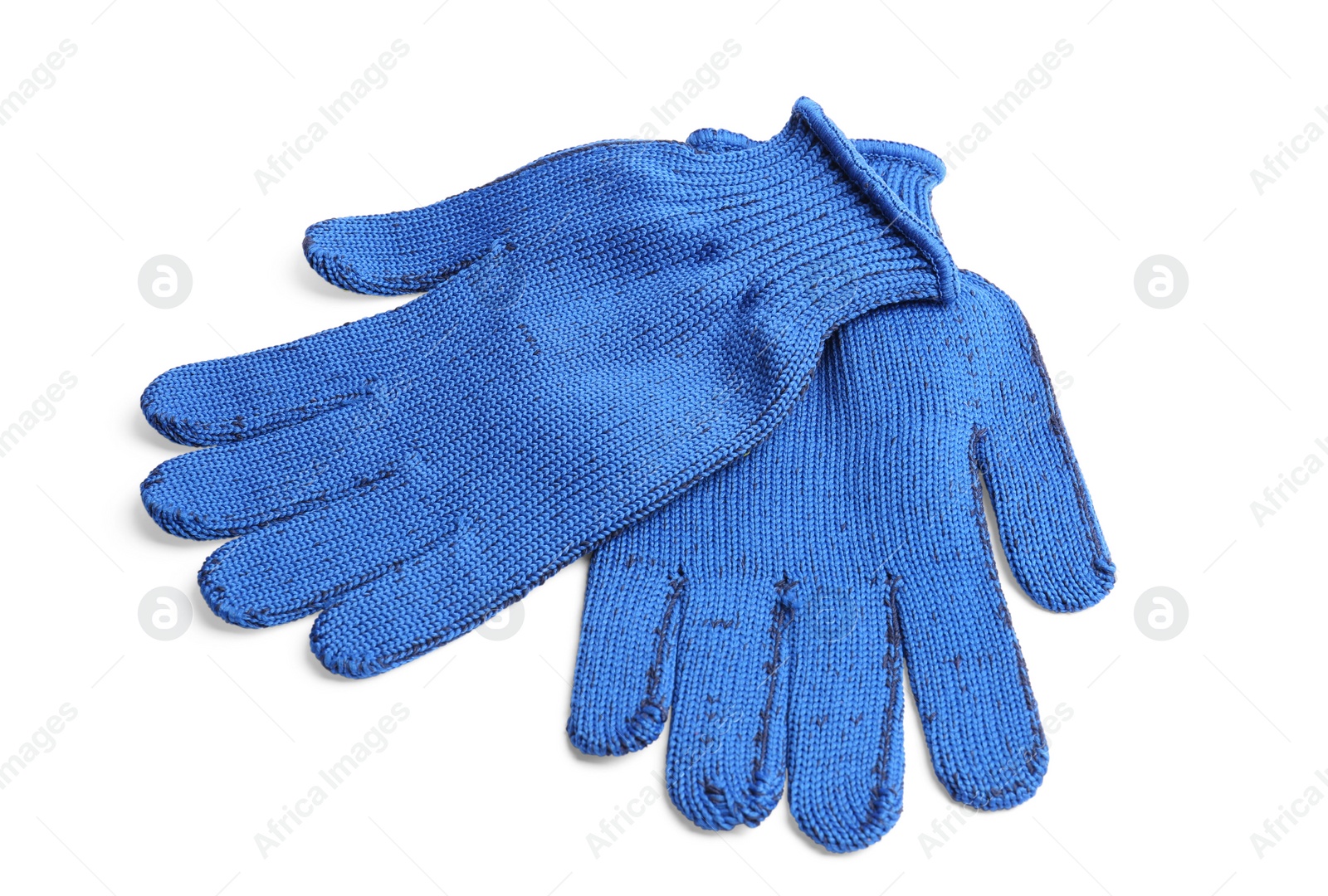 Photo of Pair of blue gardening gloves on white background