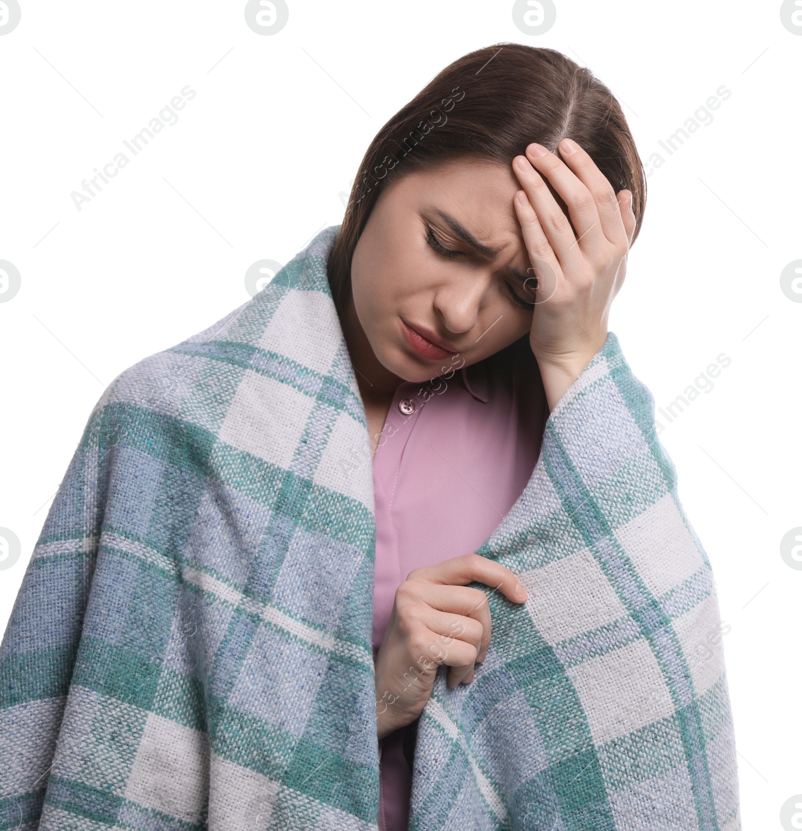 Photo of Woman wrapped in blanket suffering from cold on white background