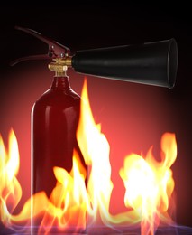 Image of Fire extinguisher surrounded by flame on dark background