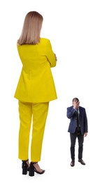 Image of Giant woman and small man on white background