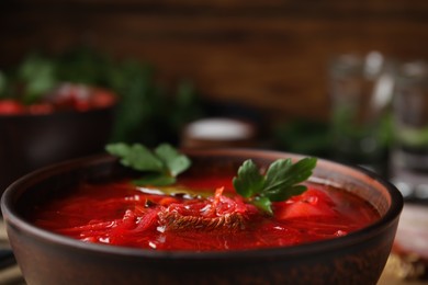 Stylish brown clay bowl with Ukrainian borsch, closeup