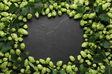 Frame of fresh green hops and leaves on black table, flat lay. Space for text