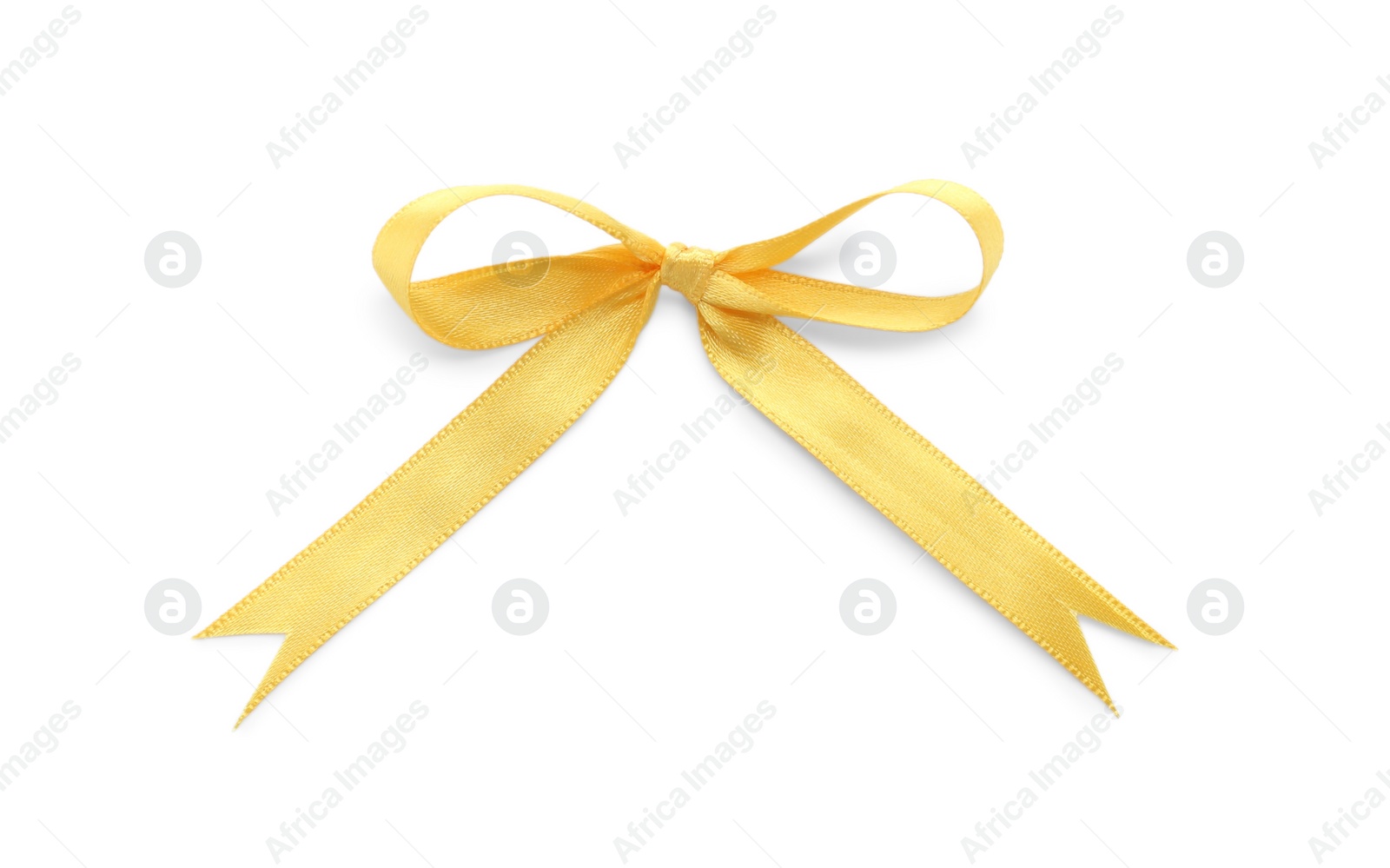 Photo of Beautiful yellow ribbon tied in bow isolated on white, top view