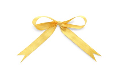 Beautiful yellow ribbon tied in bow isolated on white, top view