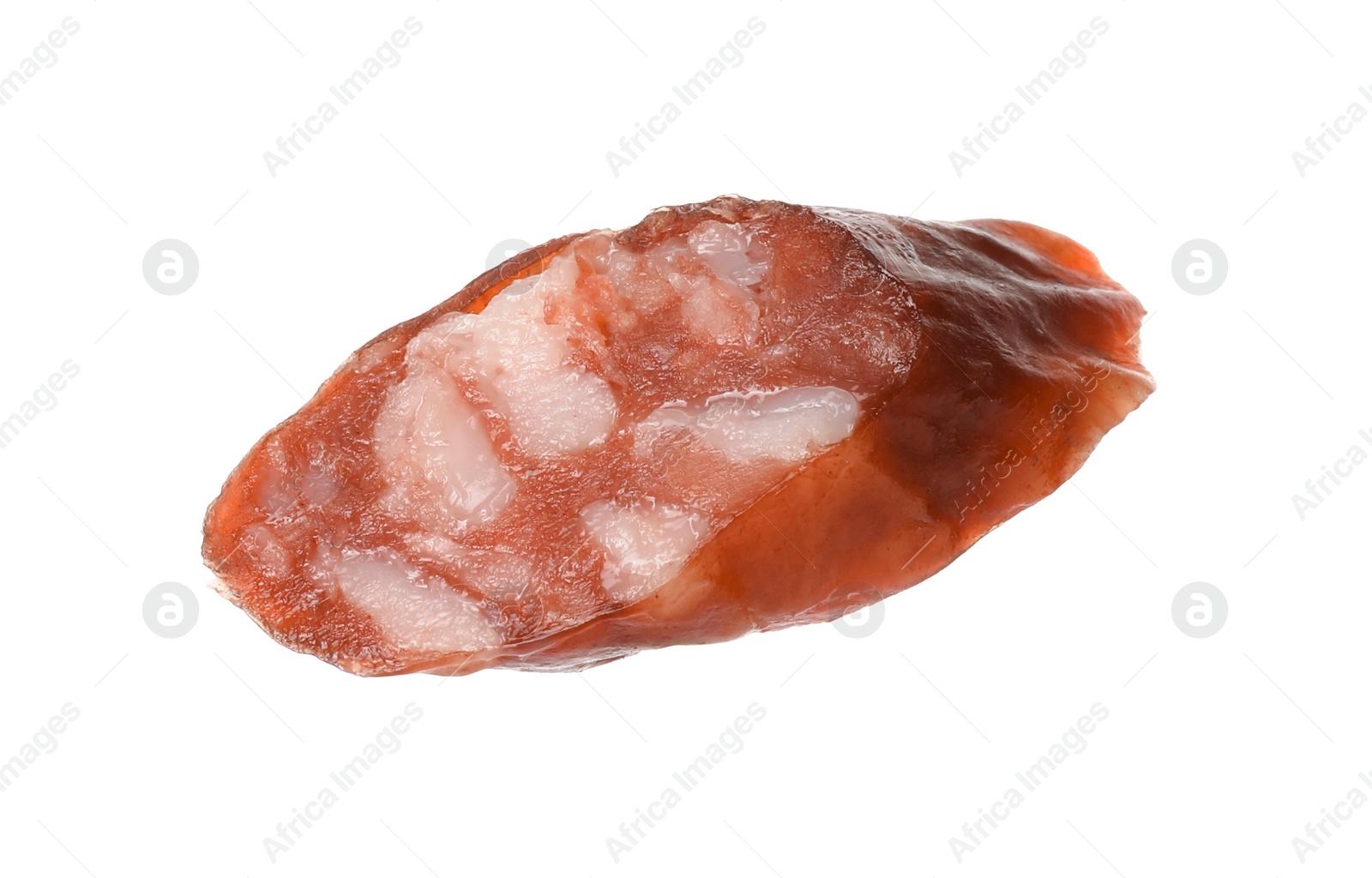 Photo of Piece of thin dry smoked sausage isolated on white