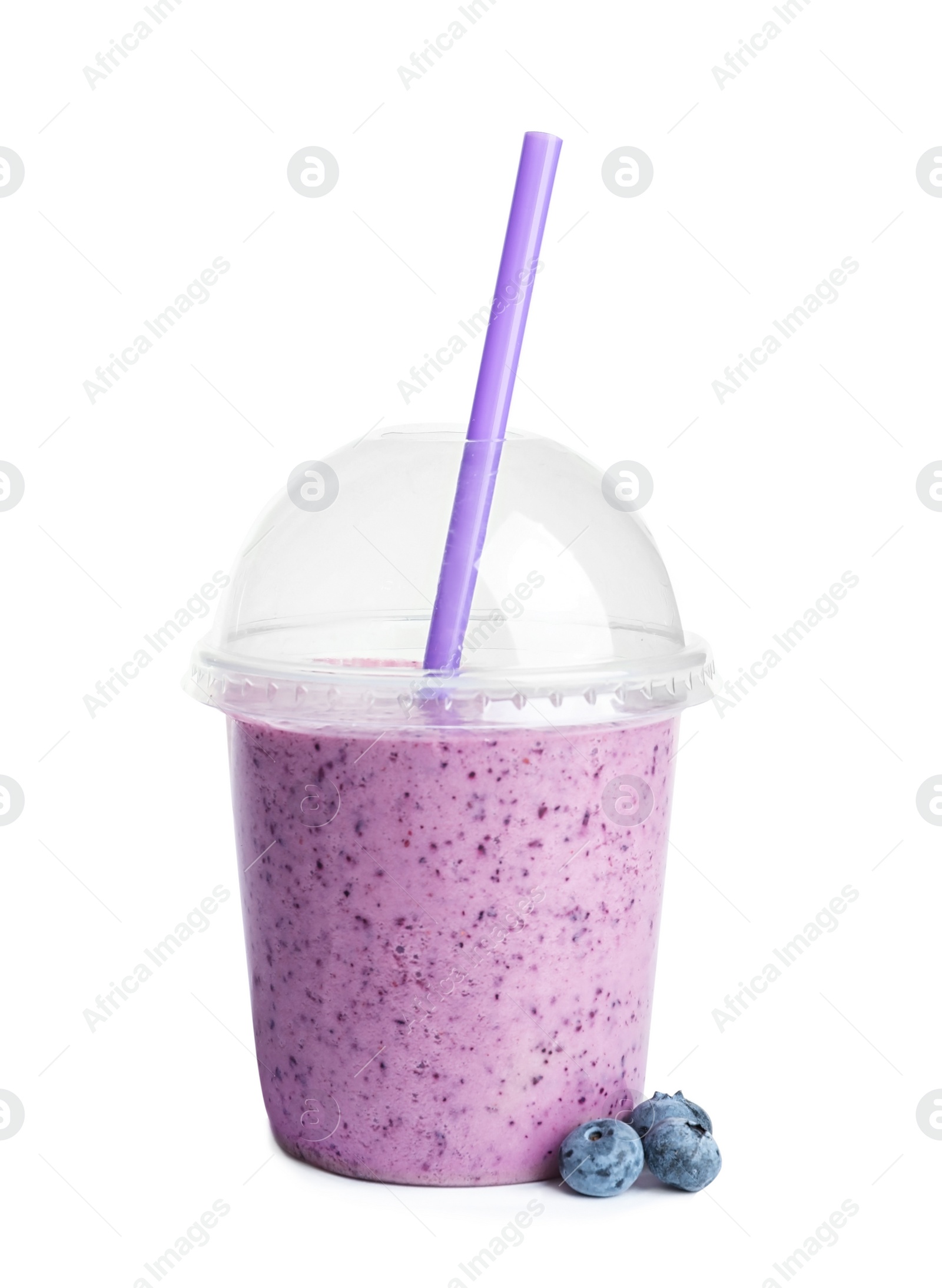 Photo of Tasty blueberry smoothie in plastic cup on white background