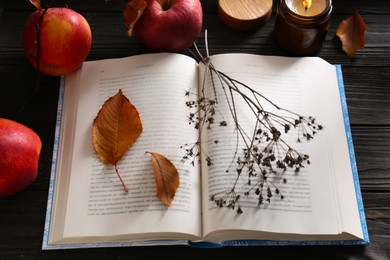 Photo of Book with dried flower as bookmark and ripe apples on wooden table