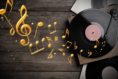 Image of Music notes and other musical symbols flowing from over vinyl record player indoors, top view