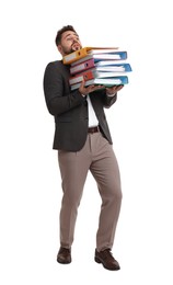 Photo of Stressful man with folders walking on white background