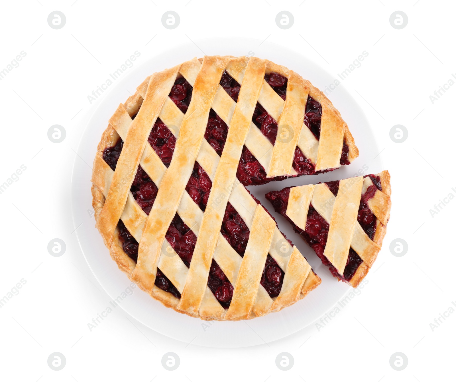 Photo of Delicious fresh cherry pie isolated on white, top view
