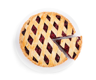 Photo of Delicious fresh cherry pie isolated on white, top view