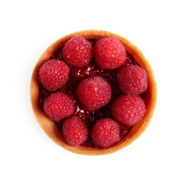 Photo of Tartlet with fresh raspberries isolated on white, top view. Delicious dessert