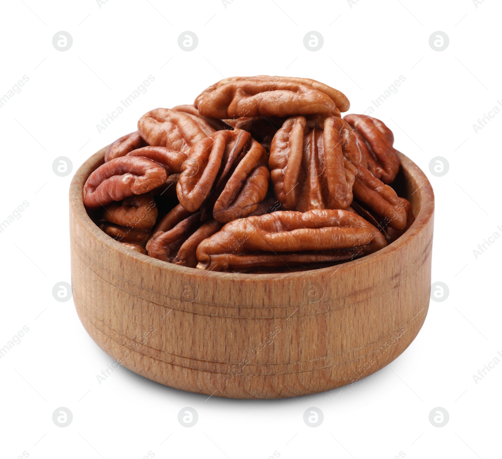 Photo of Tasty pecan nuts in bowl isolated on white