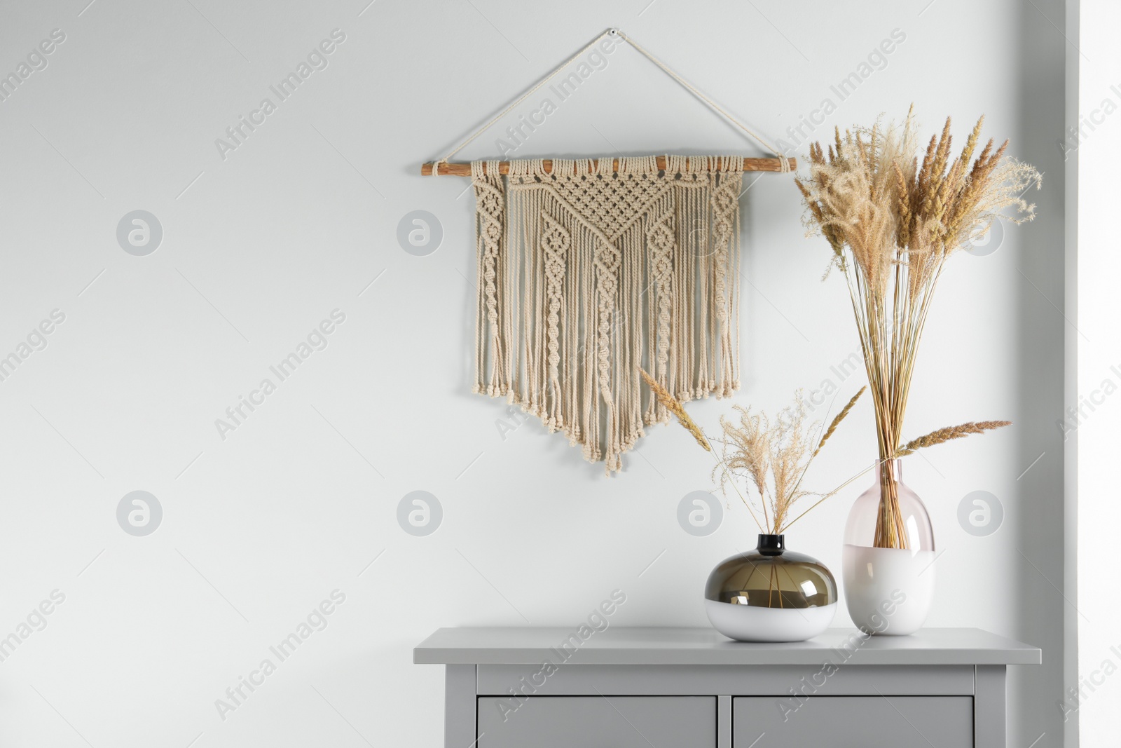 Photo of Reed's blossom in glass vases on grey cabinet near white wall with decorative element. Space for text