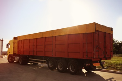 Modern bright truck parked on country road