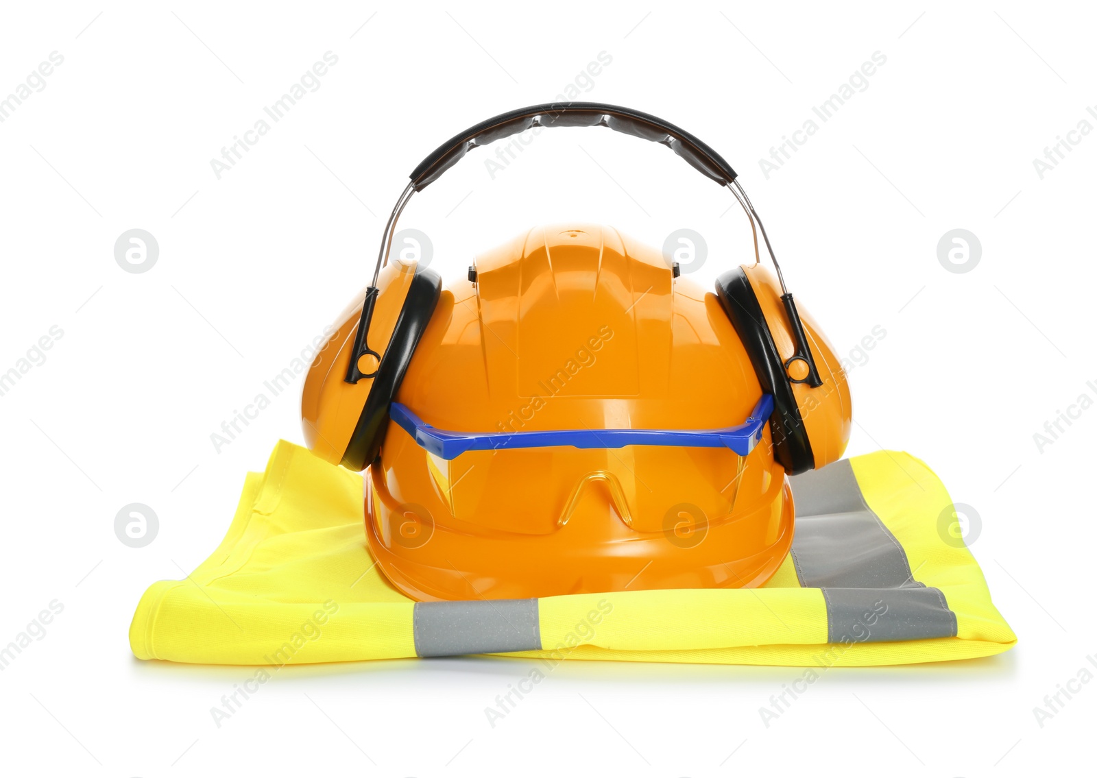 Photo of Protective workwear on white background. Safety equipment