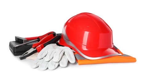 Photo of Different personal protective equipment and tools on white background